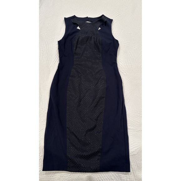 Cache Navy Blue Embroidered Contrast Knit Cutout Sheath Dress Sz 4 Keyhole Back - Picture 6 of 11